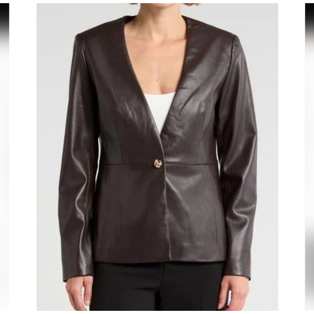 ELIE TAHARI V-Neck Faux Leather SingleButton Jacket Chocolate Brown Size 4NWT
